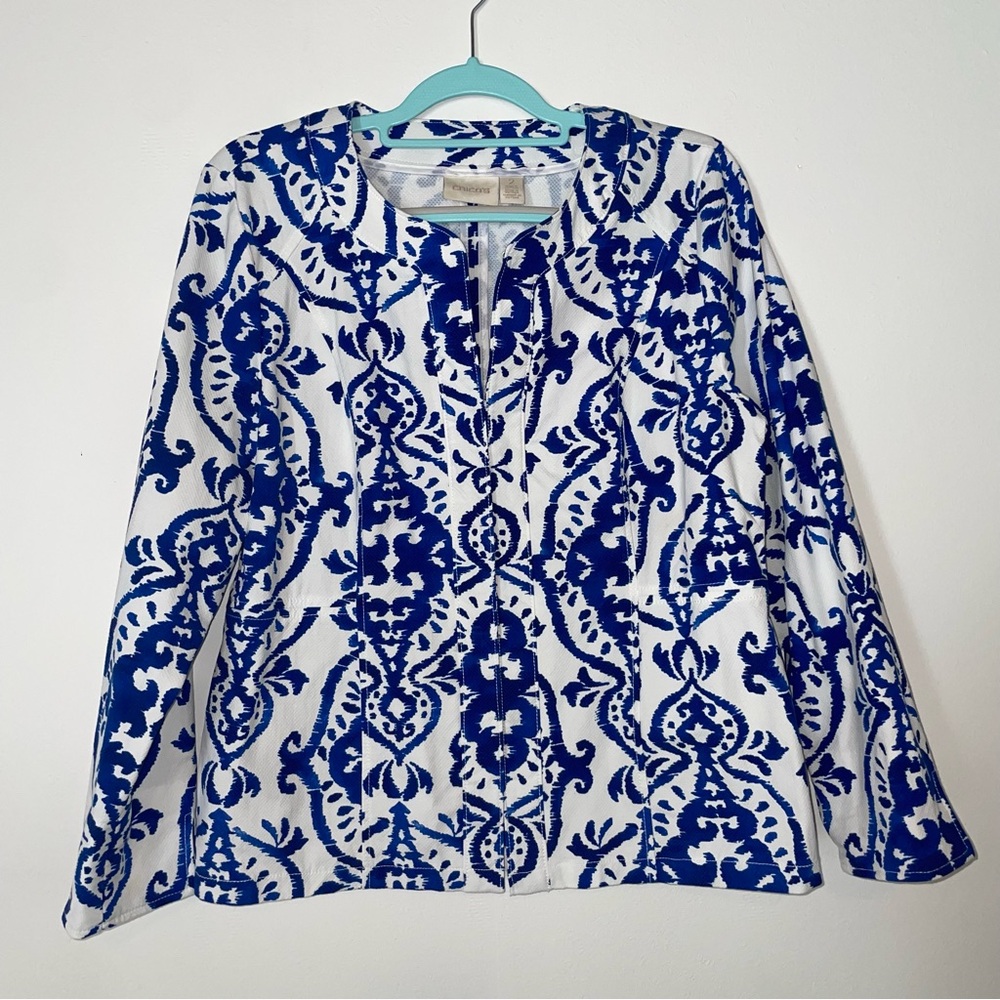 Chico’s Indigo Ink Alicia Blue White Hook & Eye Jacket Size 2 (12/14 Large)